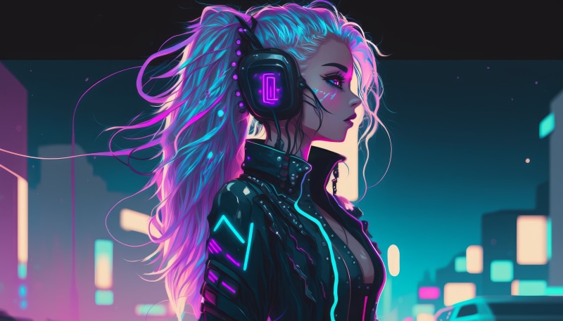 Girl with headphones in a neon city