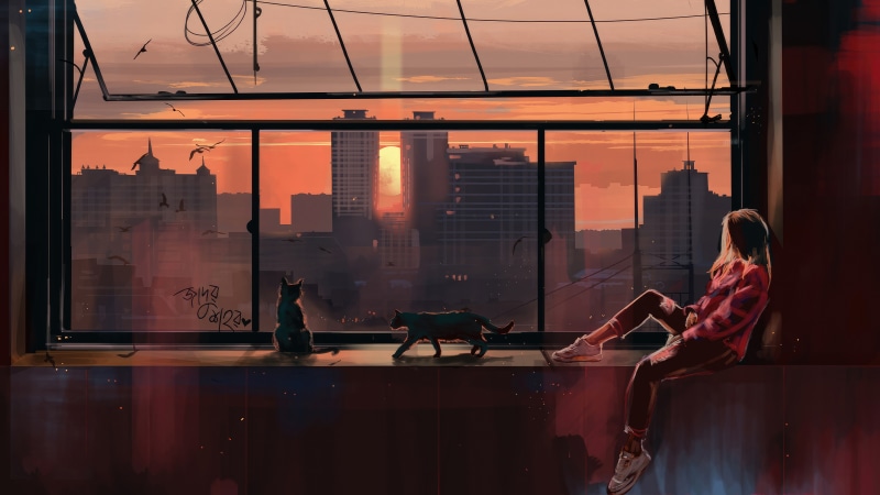 Digital art of a girl and cats at sunset