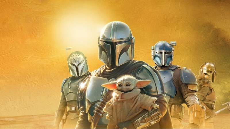 The Mandalorian and Grogu with other Mandalorians