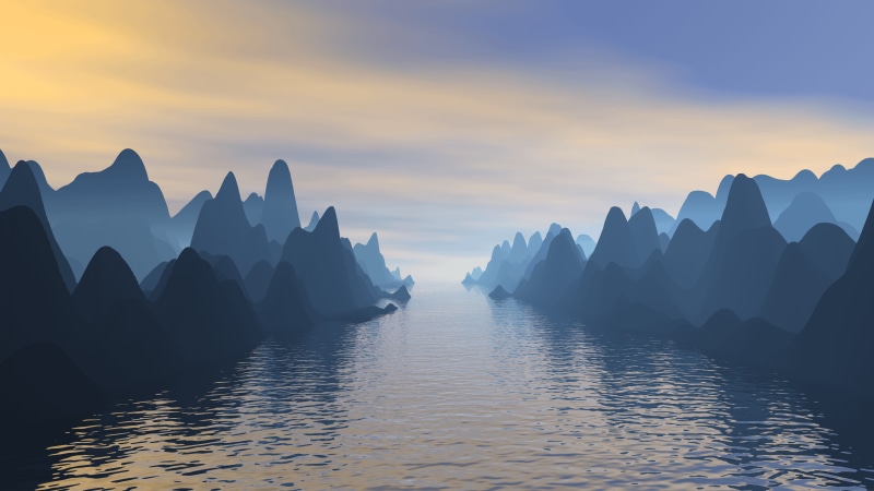 Digital art landscape with mountains and river