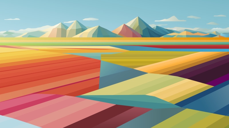 Colorful geometric landscape with mountains and fields