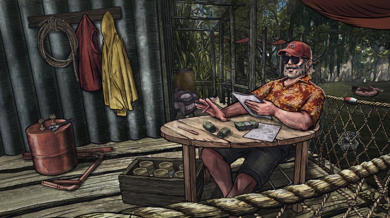 Man in Hawaiian shirt at a table in a swamp shack