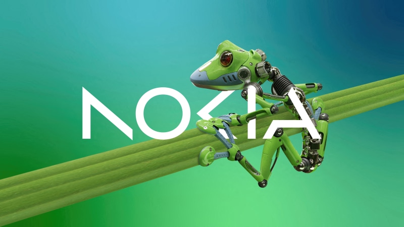 Nokia logo with a robotic frog on a green stem