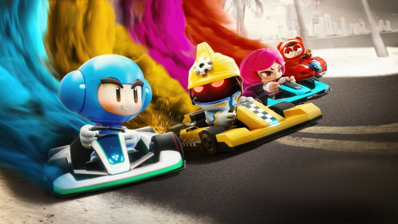 KartRider Drift characters racing karts with colorful smoke