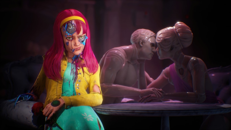 Girl with cybernetic implants holding a rose