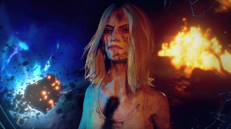 Woman with bloodied face in space with explosions