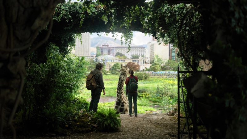 Joel and Ellie with a giraffe in The Last of Us