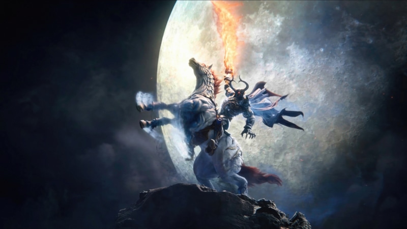 Sephiroth from Final Fantasy on a horse with a moon background