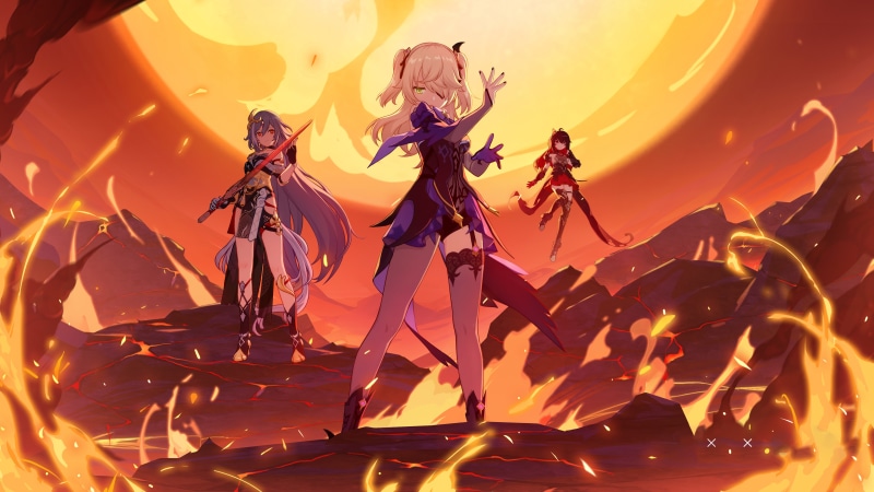 Fischl, Kiana Kaslana, and Amber from Genshin Impact and Honkai Impact 3rd