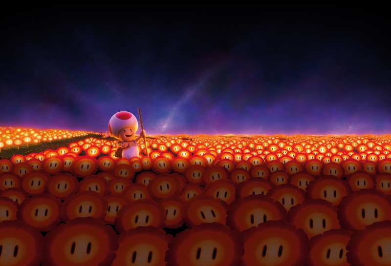 Toad from The Super Mario Bros. Movie in a field of flowers