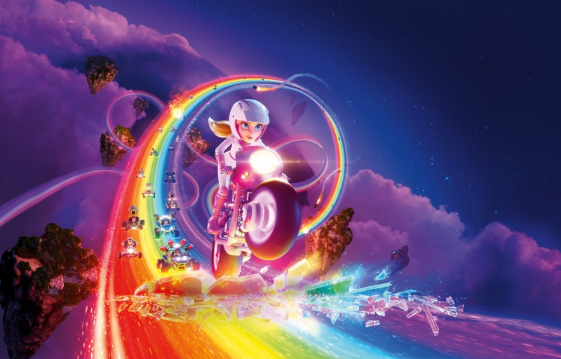 Peach from The Super Mario Bros. Movie racing on a rainbow road
