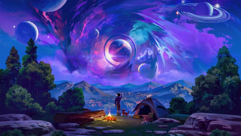 Digital Art of a Person and Dog Camping Under a Cosmic Sky