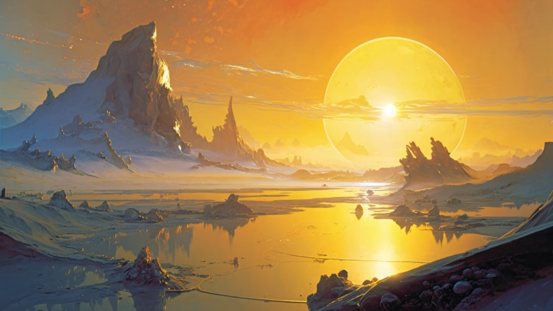Sci-fi planet landscape with large sun