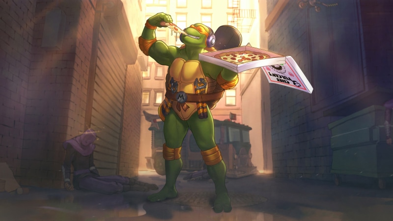 Michelangelo from Teenage Mutant Ninja Turtles eating pizza