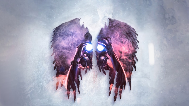 Angel with gas mask and glowing eyes