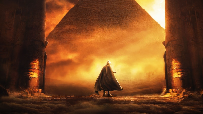 Moon Knight in front of a pyramid