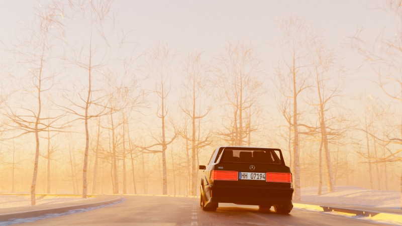 Car driving on a snowy road with bare trees