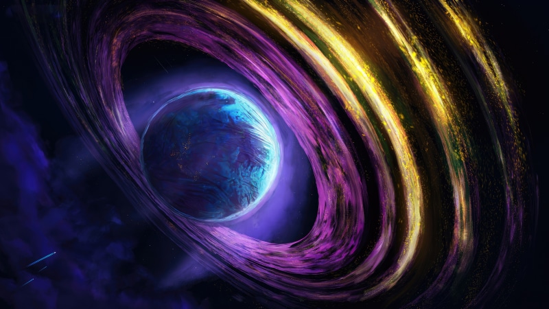 Digital art of a planet with purple and gold rings
