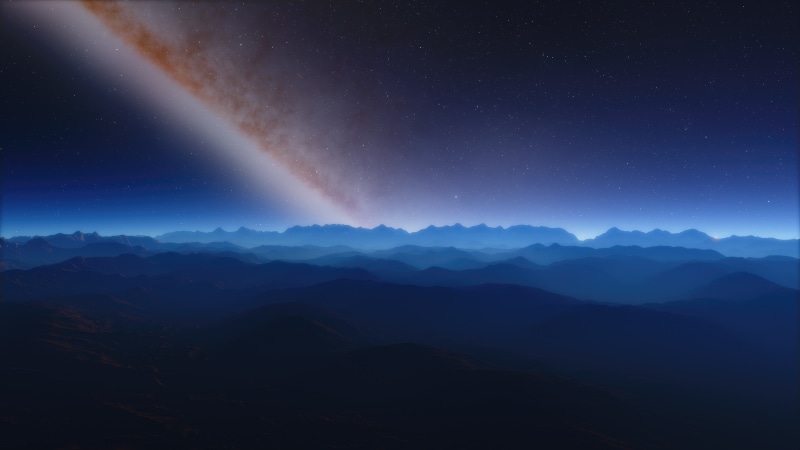Digital art of a starry night sky over mountains
