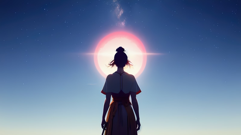 Anime girl facing a large red sun