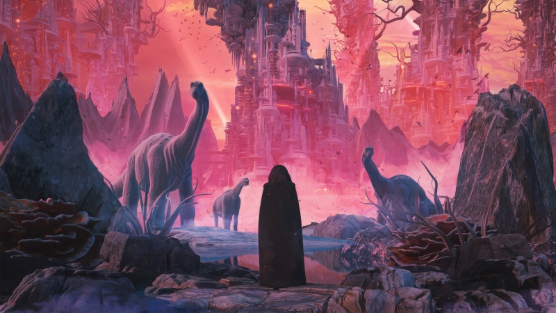 Fantasy landscape with dinosaurs and futuristic city