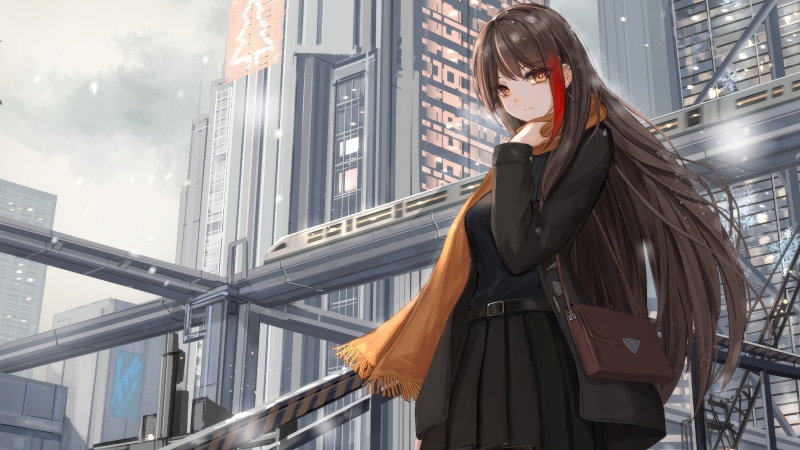 Anime girl with brown hair and orange scarf in city