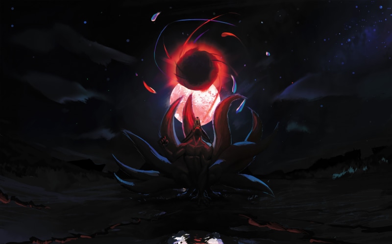 Kurama from Naruto with a Red Moon