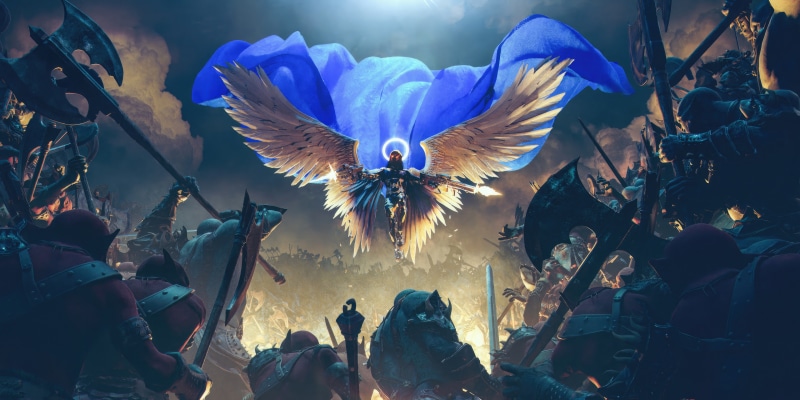 Angel with blue cape in battle