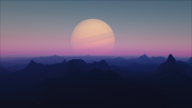 Digital art of a planet with rings over mountains
