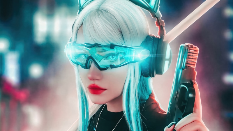 Cyberpunk woman with futuristic goggles and gun
