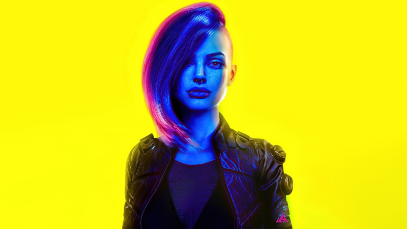 Cyberpunk artwork of a woman with blue and pink hair
