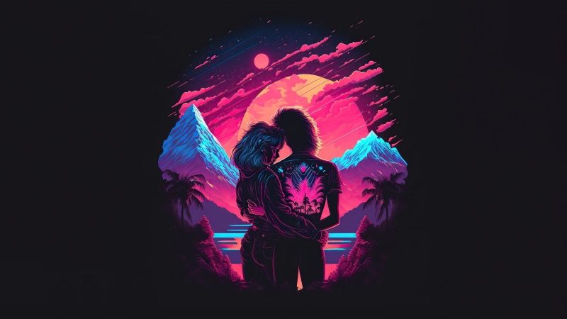 Couple embracing against a neon sunset landscape