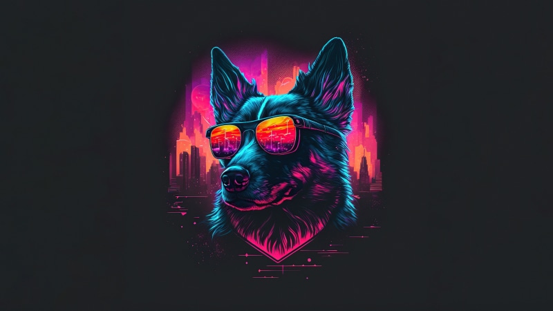 Retrowave dog wearing sunglasses with city skyline