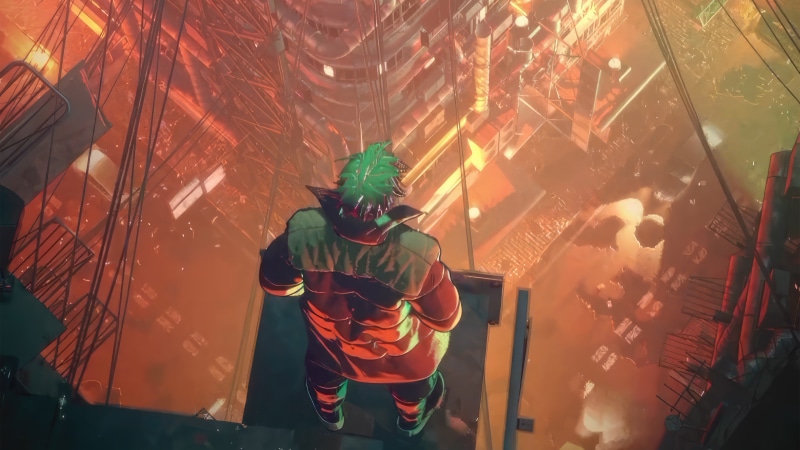 Cyberpunk character on a rooftop overlooking a city