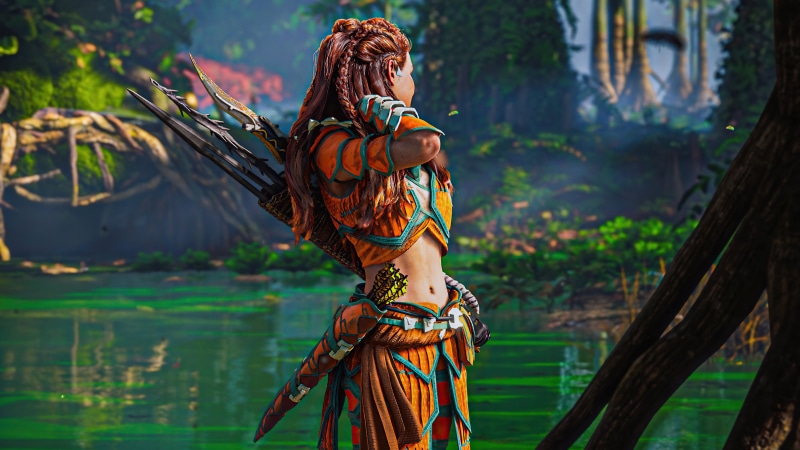 Aloy from Horizon Forbidden West in a swamp