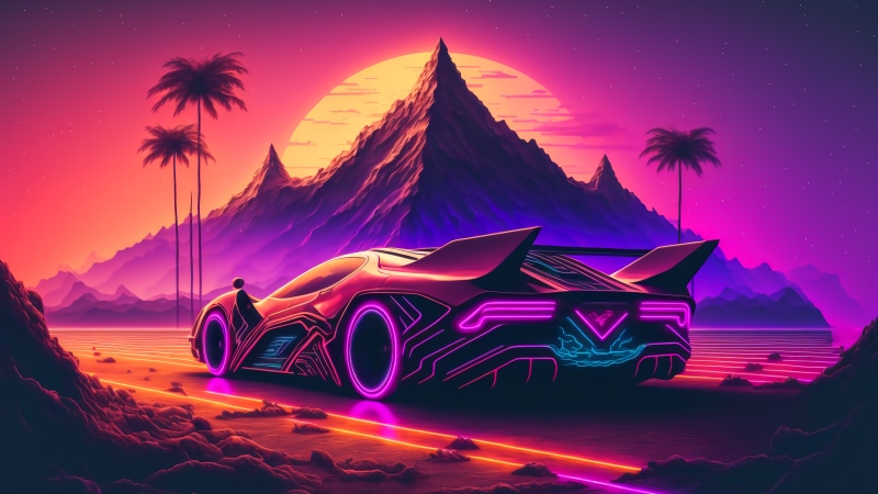Synthwave artwork of a futuristic car at sunset