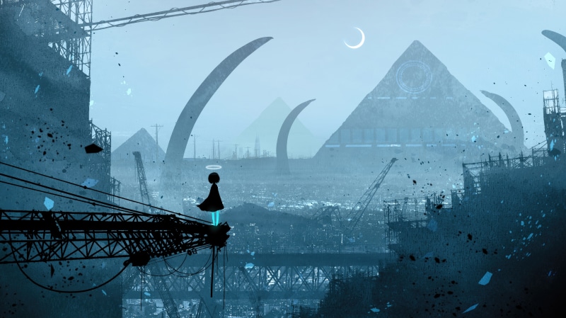 Girl with halo in a dystopian city with pyramids