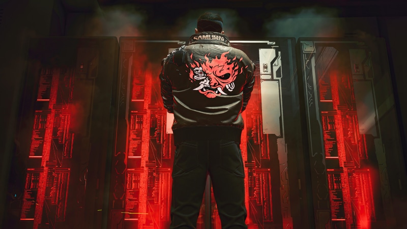 Man in Samurai jacket in front of glowing servers