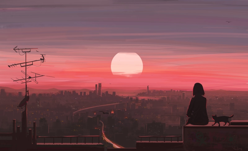 Girl and cat watching sunset over city