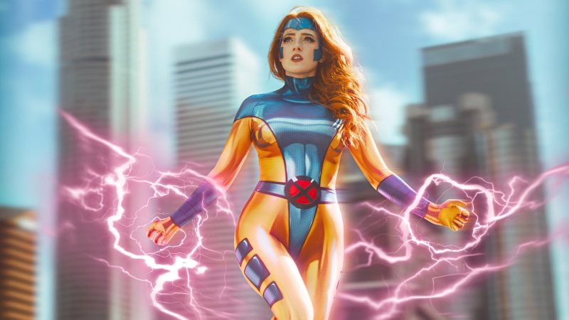 Jean Grey from X-Men cosplay with lightning effects