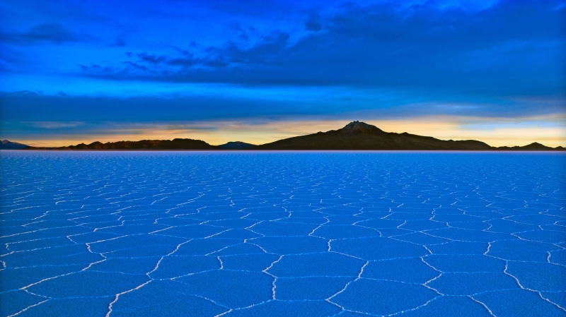 Salar de Uyuni salt flats at sunset