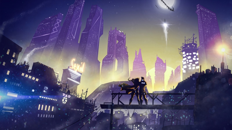 Cyberpunk city with two figures on a platform