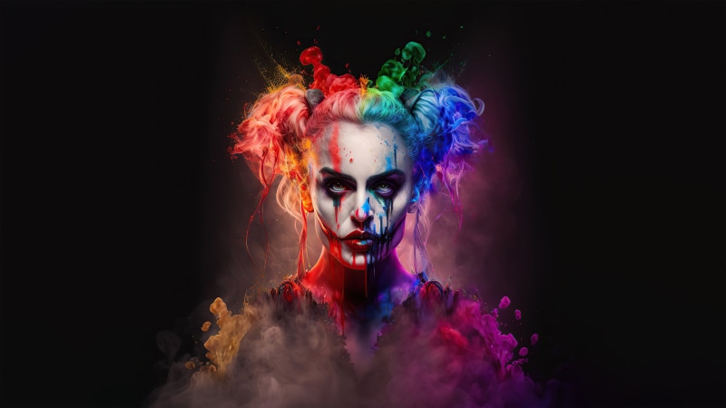 Harley Quinn with colorful paint explosion