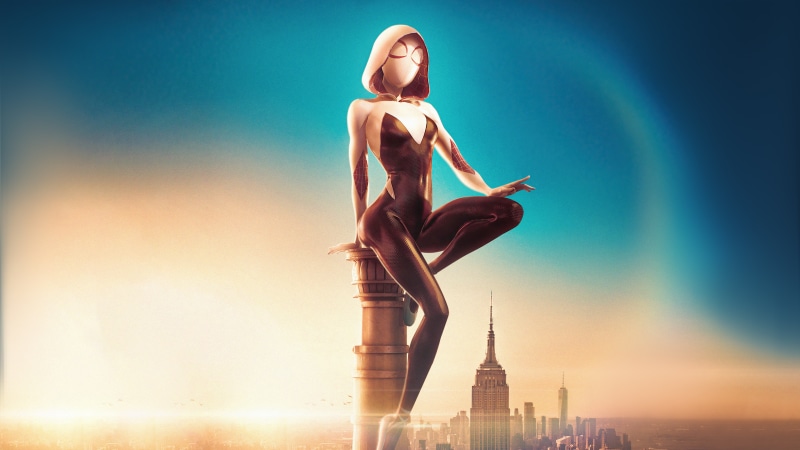 Spider-Gwen from Spider-Verse sitting on a pillar overlooking a city