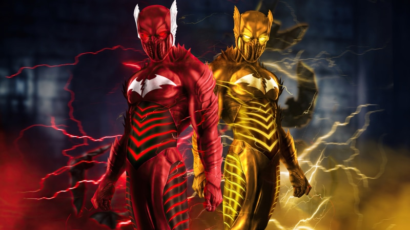 Red and Gold Flash-like Superheroes with Batman Logos
