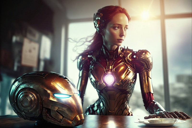 Woman in Iron Man Suit with Helmet