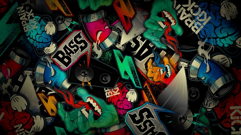 Graffiti art with brains, spray cans, and speakers