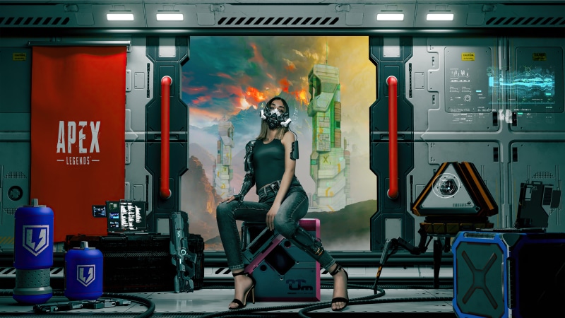 Woman with cybernetic arm in Apex Legends room