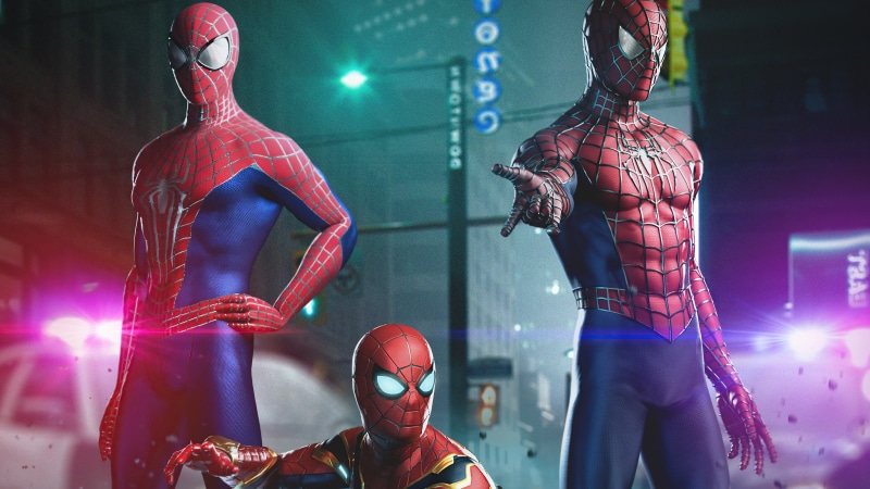 Three Spider-Men in a City at Night