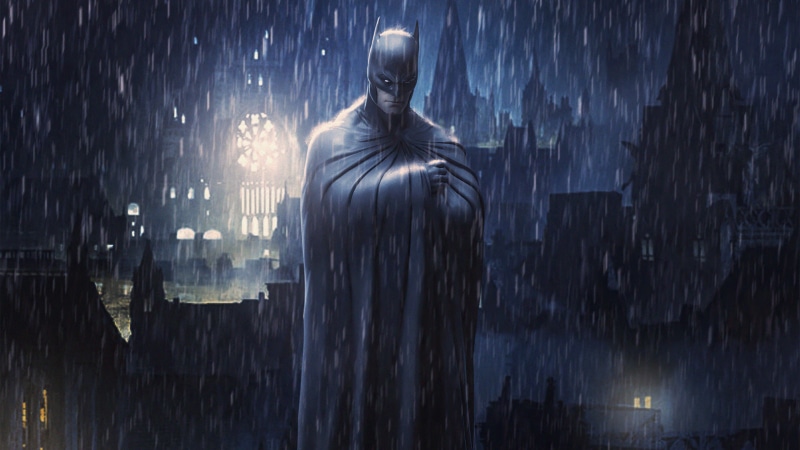 Batman in the rain in Gotham City